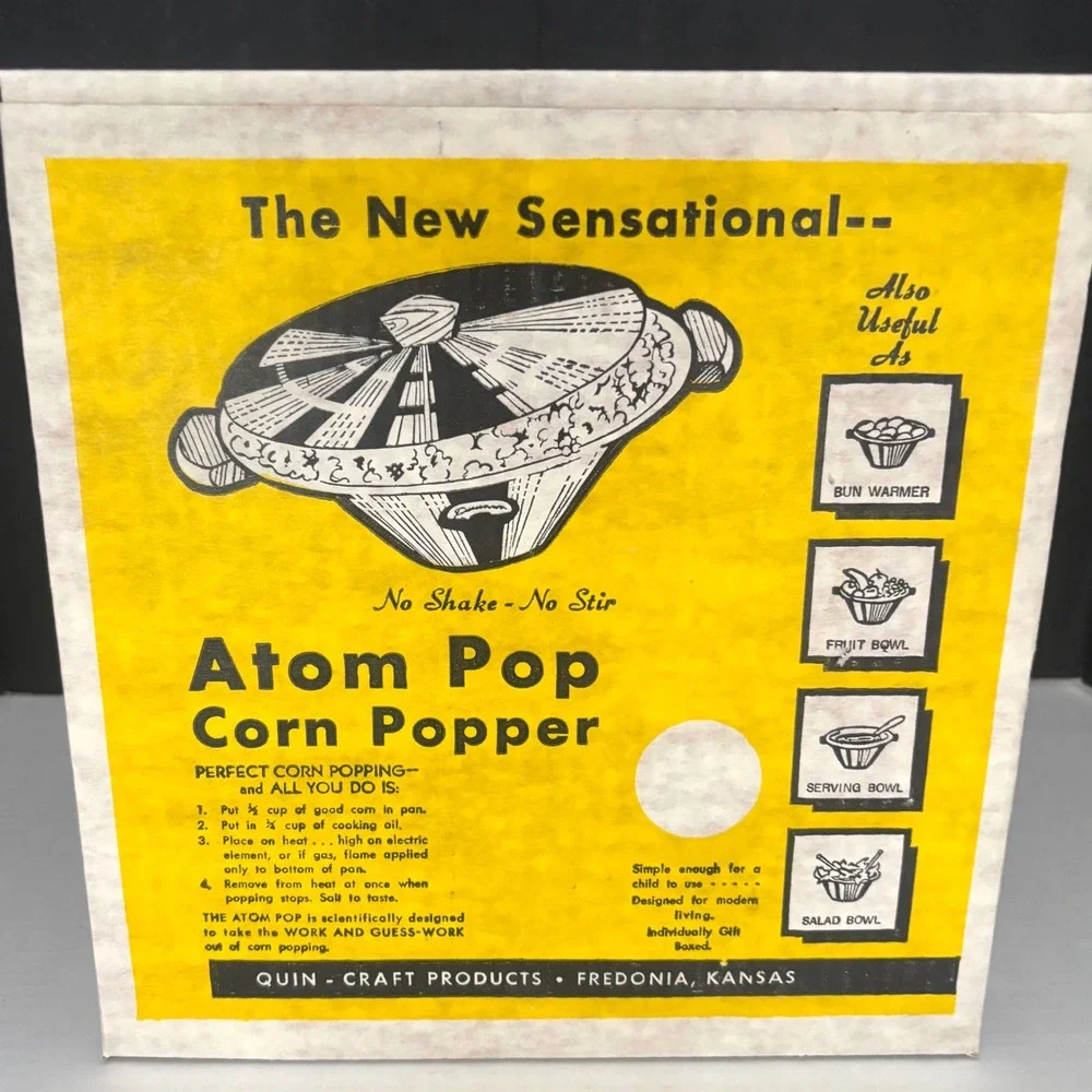 ORIGINAL Atom Pop No-Shake No-Stir Stove Top Corn Popper Wood Handles VTG 60s